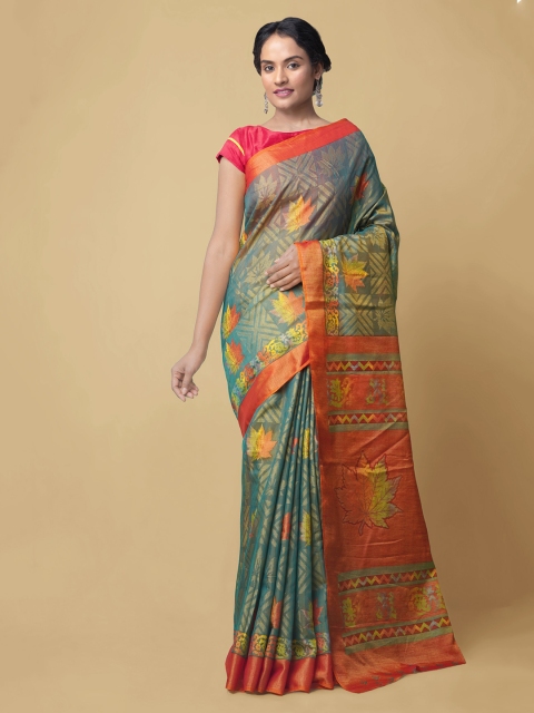 Unnati Silks Green & Orange Silk Cotton Woven Design Chanderi Saree