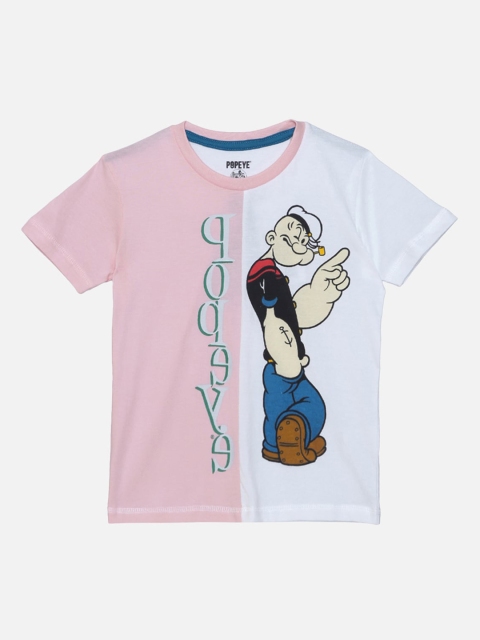 Kids Ville Boys Pink & White Popeye Printed Round Neck Cotton T-shirt