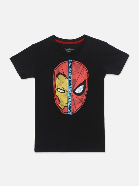 Kids Ville Boys Black Spiderman & Ironman Printed Round Neck Cotton T-shirt