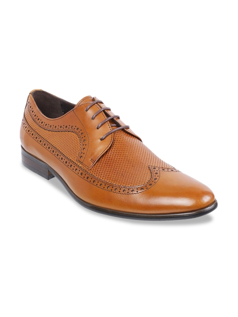 DAVINCHI Men Tan Brown Textured Leather Formal Brogues