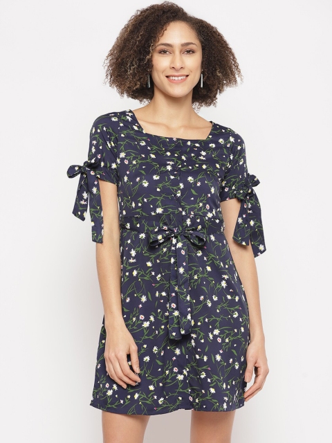 STALK Women Navy Blue & Green Floral Printed A-Line Dress