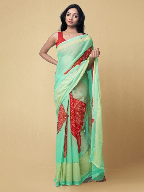 Unnati Silks Green & Red Pure Chiffon Printed Bhagalpuri Saree