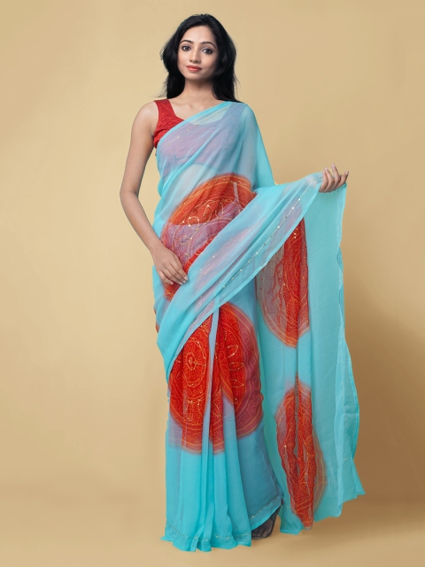 Unnati Silks Blue & Red Pure Chiffon Printed Bhagalpuri Saree
