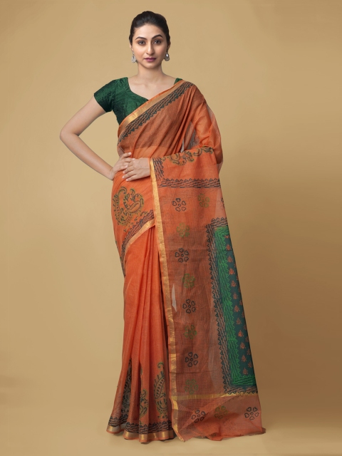 Unnati Silks Orange Pure Cotton Printed Kota Saree