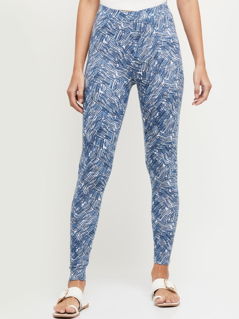 max Women Blue & White Printed Ankle-Length Leggings