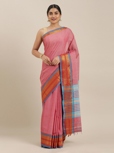 The Chennai Silks Pink Cotton Blend Solid Narayan Peth Saree