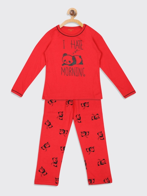 Kanvin Girls Red & Black Printed Night suit