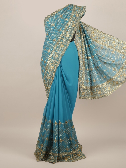 Pothys Blue Embroidered Poly Chiffon Saree