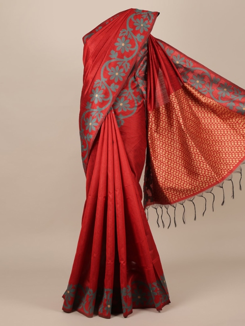 Pothys Maroon Solid Jute Silk Saree with Tasseled Pallu