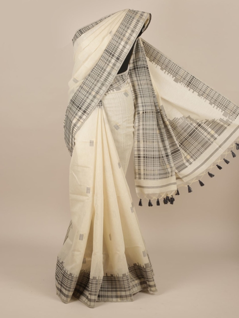 Pothys Cream-Coloured & Black Jute Silk Woven Design Saree