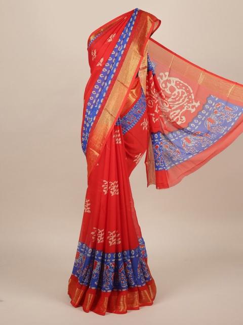 Pothys Red & Blue Pure Chiffon Printed Saree