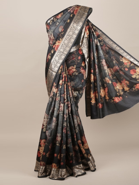 Pothys Black & Orange Jute Silk Floral Printed Saree