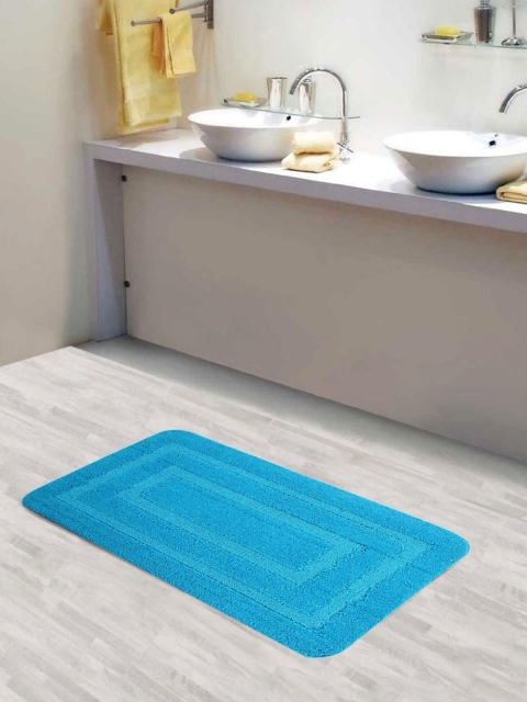 Lushomes Blue Self-Design GSM 110 Rectangular Bath Rug