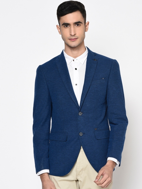 Blackberrys Men Navy Blue Self Design Single-Breasted Slim Fit Blazers