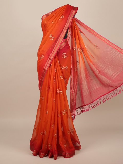 Pothys Orange Printed Pure Chiffon Saree