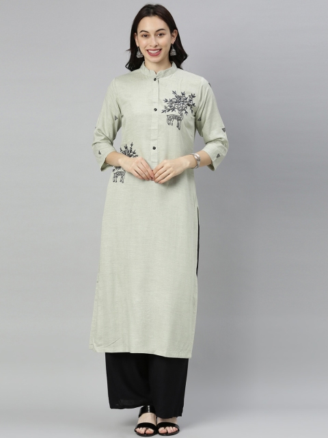 Neerus Women Olive Green Floral Embroidered Kurta