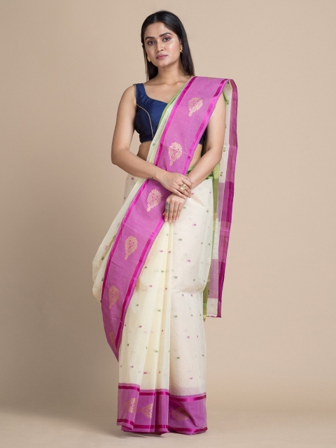 Mitera White & Purple Pure Cotton Woven Design Taant Saree