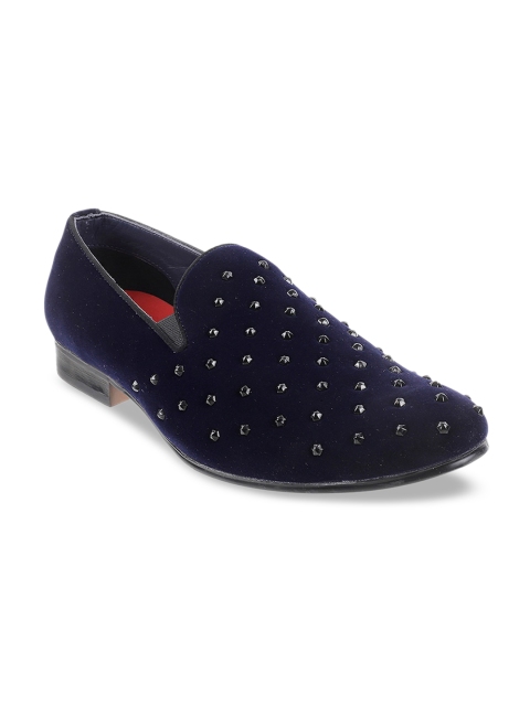 Mochi Men Navy Blue Studded Velvet Finish Party Wear Slip-Ons