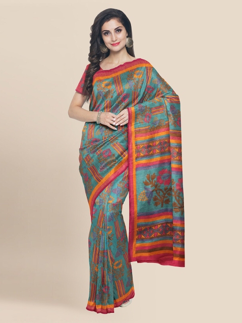 Kalamandir Blue & Pink Silk Blend Floral Printed Banarasi Saree