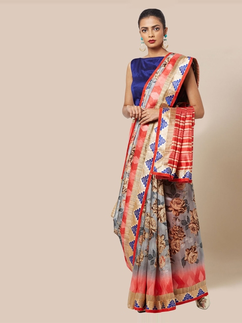 Chhabra 555 Pink & Grey Art Silk Printed Bhagalpuri Saree