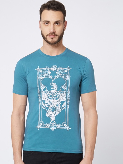 FiTZ Men Blue Printed Round Neck T-shirt