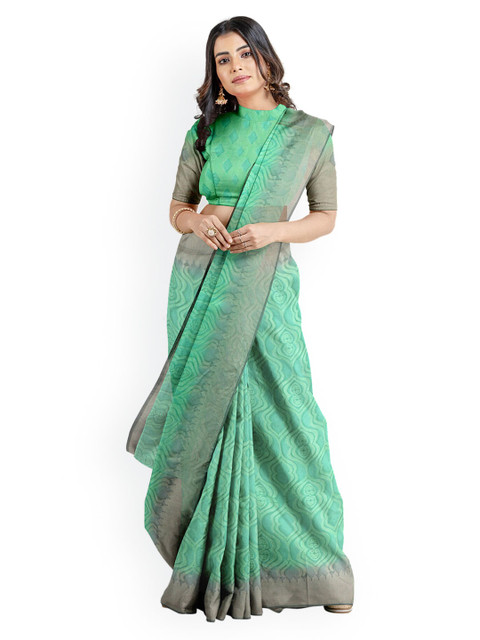 Kalamandir Green & Grey Silk Blend Woven Design Banarasi Saree 
Kalamandir Green & Grey Silk Blend Woven Design Banarasi Saree