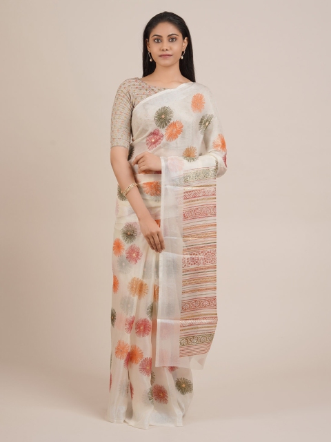 Pothys Cream-Coloured Printed Tissue Saree