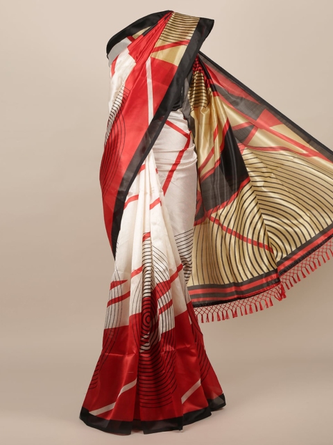 Pothys Cream-Coloured & Red Jute Silk Colourblocked Saree