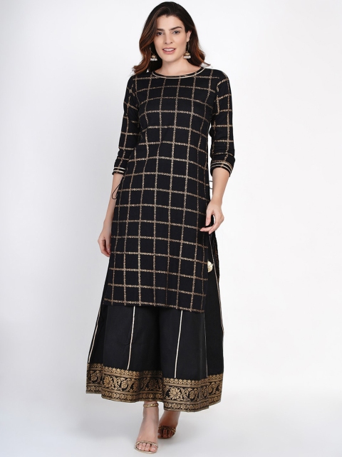 Bhama Couture Women Black & Gold-Toned Printed Kurta with Sharara