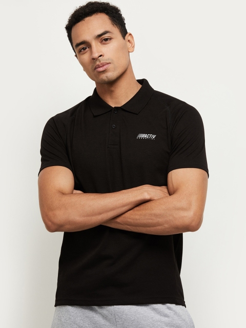 max Men Black Solid Polo Collar T-shirt