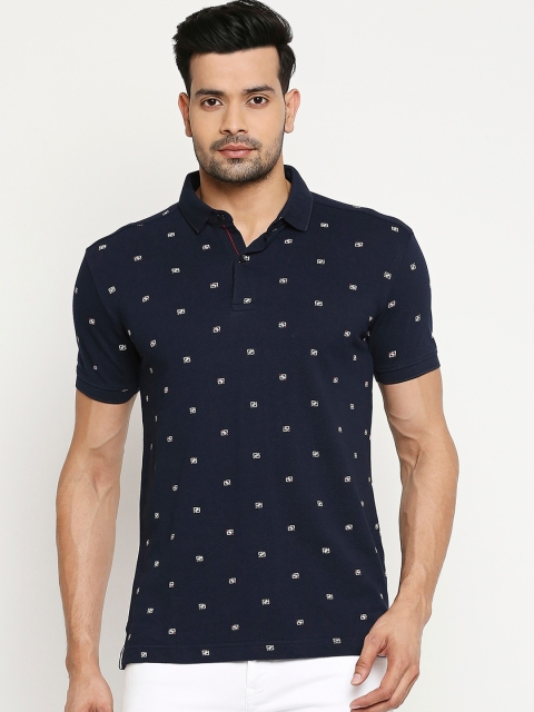 Mufti Men Navy Blue Printed Polo Collar Cotton Pure Cotton T-shirt