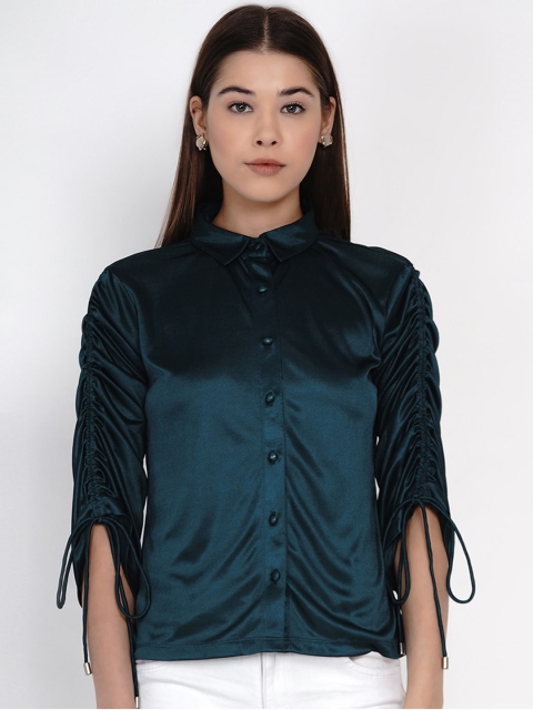 Texco Women Blue Regular Fit Solid Ruched Sleeves Top