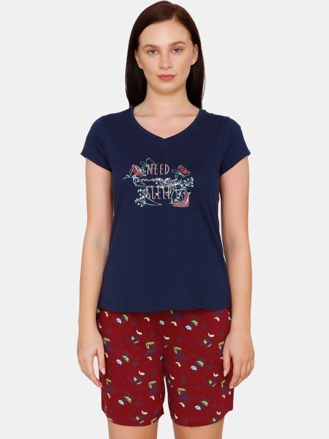 Zivame Women Navy Blue & Maroon Printed Night suit