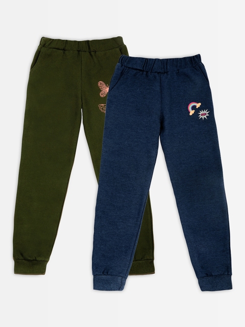 Punkster Girls Pack Of 2 Solid Cotton Joggers, Navy blue