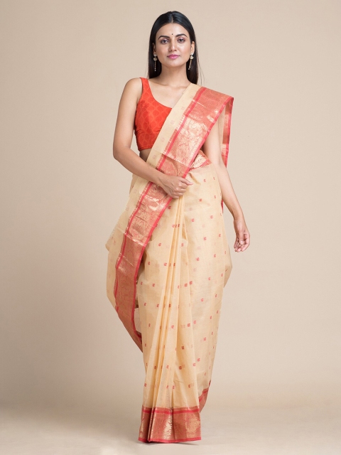 Mitera Beige Pure Cotton Hand Woven Design Taant Saree