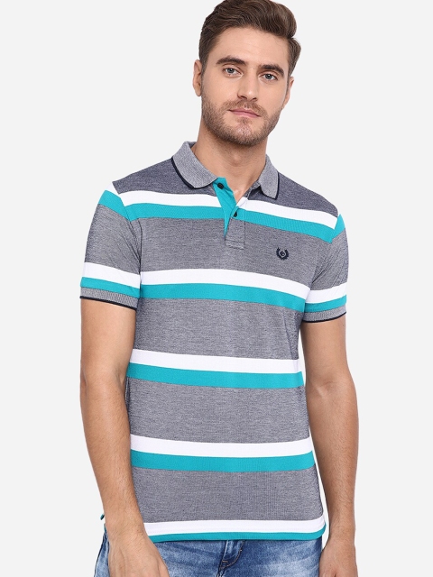 Greenfibre Men White & Blue Striped Polo Collar T-shirt
