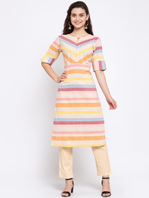 Indibelle Women Multicoloured Striped Regular Straight Pure Cotton Kurta & Trousers, Multi
Indibelle Women Multicoloured Striped Regular Straight Pure Cotton Kurta & Trousers, Multi