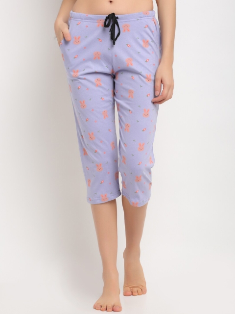 Kanvin Women Violet & Peach-Coloured Printed Pure Cotton Lounge Capris