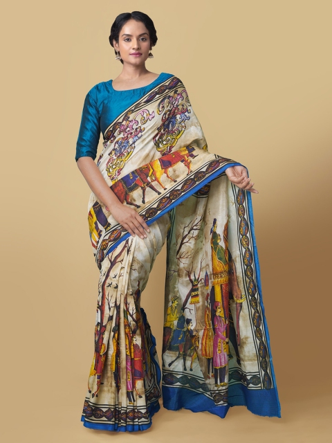 Unnati Silks Blue & Beige Silk Blend Printed Block Print Saree