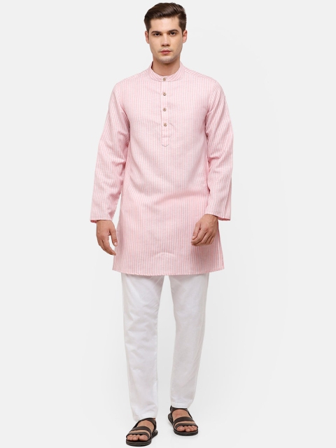 CAVALLO by Linen Club Men Pink & White Striped Mandarin Collar Kurta