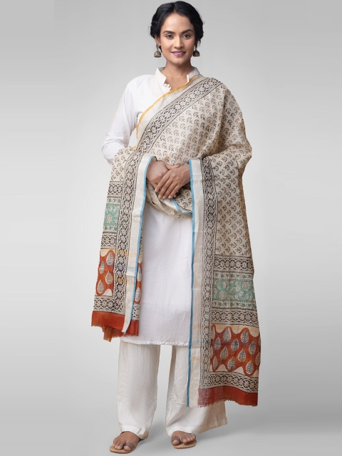 Unnati Silks Cream-Coloured & Black Bagru Printed Dupatta