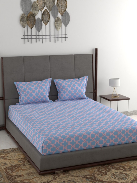 BLUE DAHLIA Blue & Pink Abstract 210 TC Cotton 1 King Bedsheet with 2 Pillow Covers