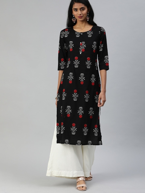 Ishin Women Black & Off White Floral Printed Kurta