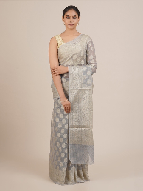Pothys Grey & Gold-Coloured Supernet Floral Woven Design Saree