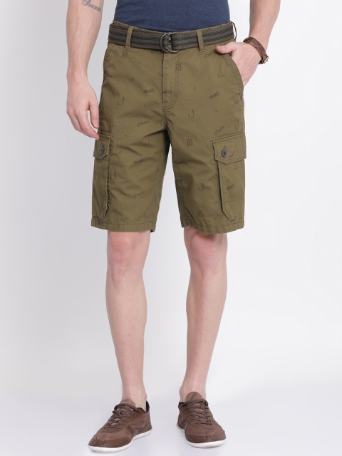 t-base Men Olive Green Printed Regular Fit Cargo Shorts