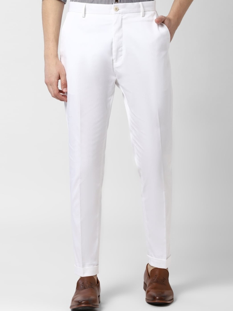 Peter England Men White Tapered Fit Solid Regular Trousers