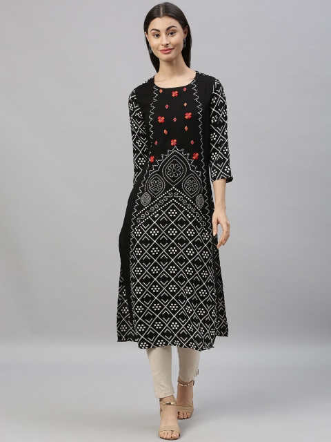 Ishin Women Black Geometric Printed Thread Work Kurta