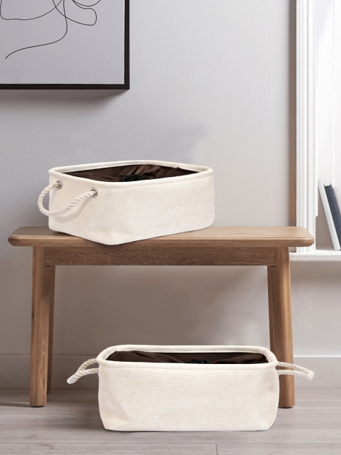 Clasiko Set Of 2 Cream-Coloured Solid Handcrafted Eco-Friendly Baskets Organizers