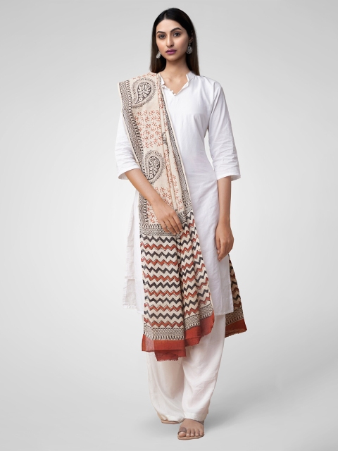 Unnati Silks Cream-Coloured & Brown Printed Dupatta