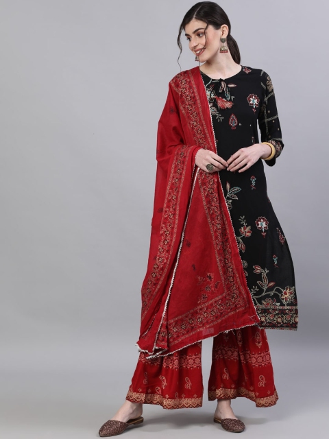 Ishin DESIGNER STUDIO Women Black & Red Floral Embroidered Kurti with Palazzos & Dupatta
Ishin DESIGNER STUDIO Women Black & Red Floral Embroidered Kurti with Palazzos & Dupatta